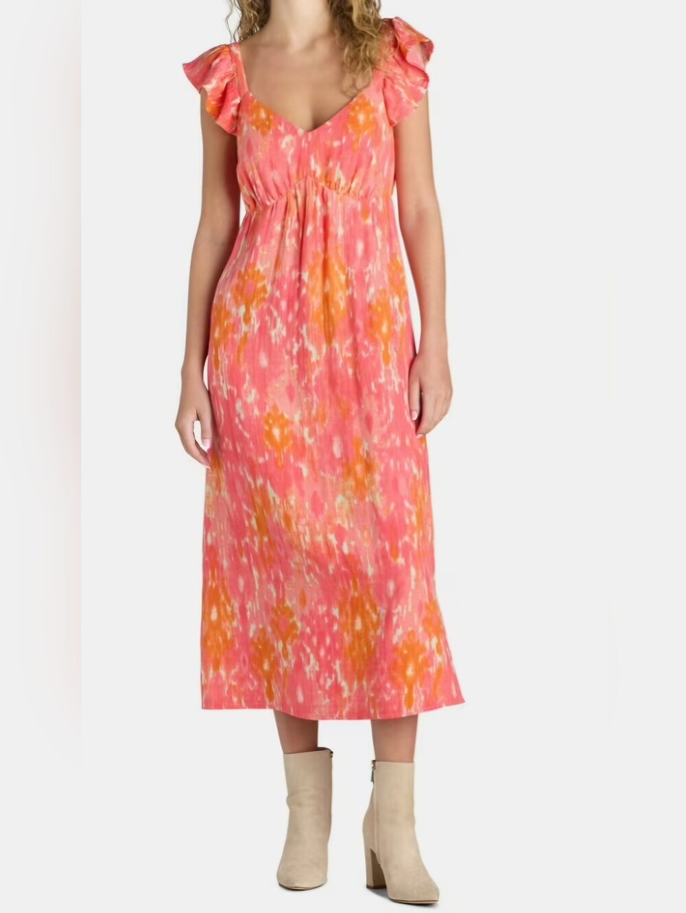 Coral Ikat Flutter Sleeve Midi Dress
